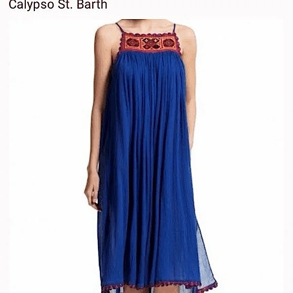 Calypso St Barth Embroidered Sleeveless Tea Length Dress Blue Size Medium